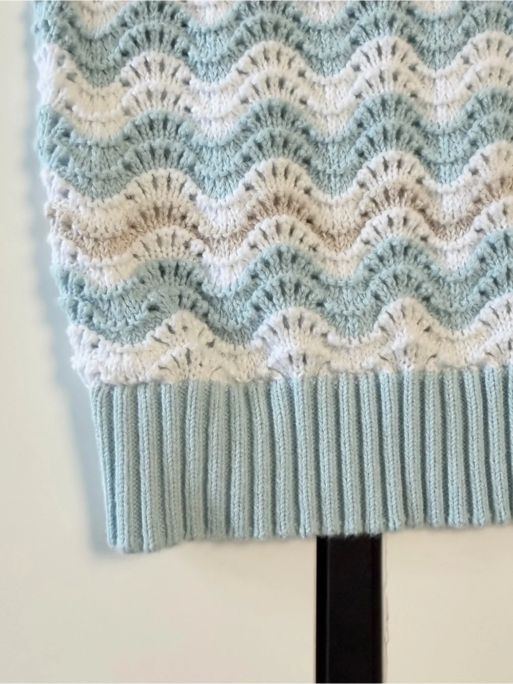 GG Blue Knit Polo Shirt  Pastel Blue Chevron Wave Crochet Short Sleeve Cotton 🩵